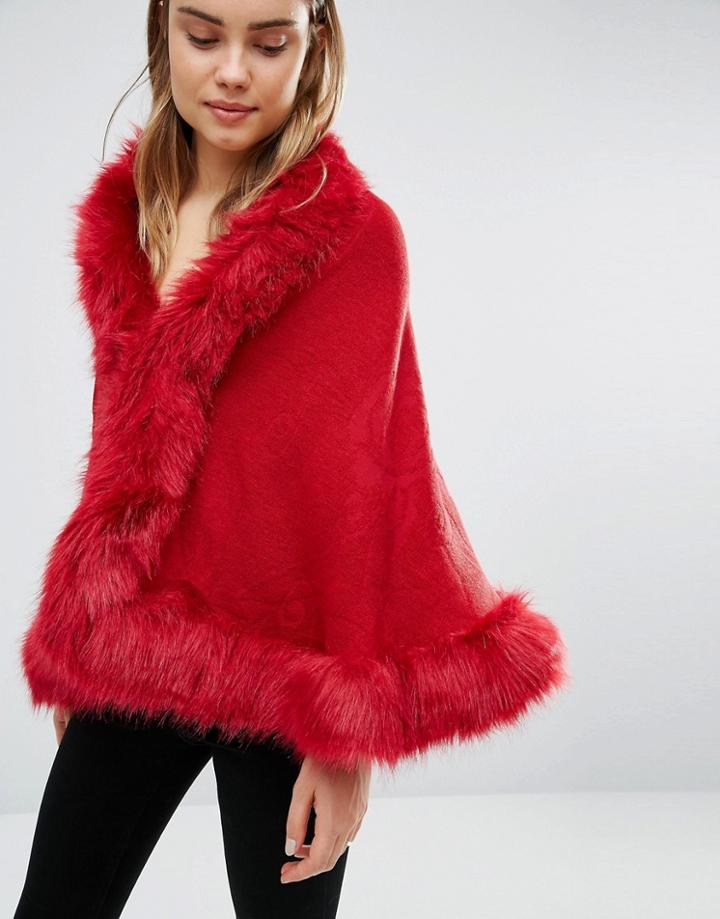 Qed London Cape With Faux Fur Trim - Red