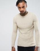 Asos Muscle Fit Ribbed Sweater In Oatmeal - Beige