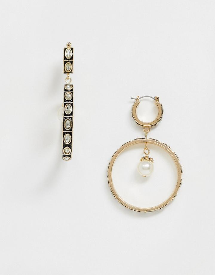 Asos Design Hoop Earrings With Crystal And Pearl Drop In Gold Tone