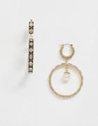 Asos Design Hoop Earrings With Crystal And Pearl Drop In Gold Tone