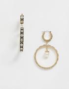 Asos Design Hoop Earrings With Crystal And Pearl Drop In Gold Tone