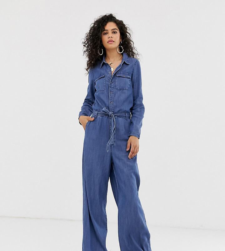 Only Tall Denim Button Through Wide Leg Jumpsuit-blue