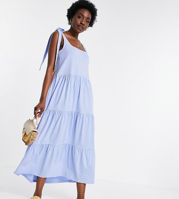 Asos Design Tall Square Neck Tie Shoulder Tiered Maxi Dress In Chambray Blue-blues