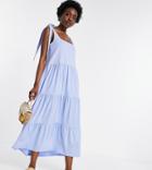 Asos Design Tall Square Neck Tie Shoulder Tiered Maxi Dress In Chambray Blue-blues