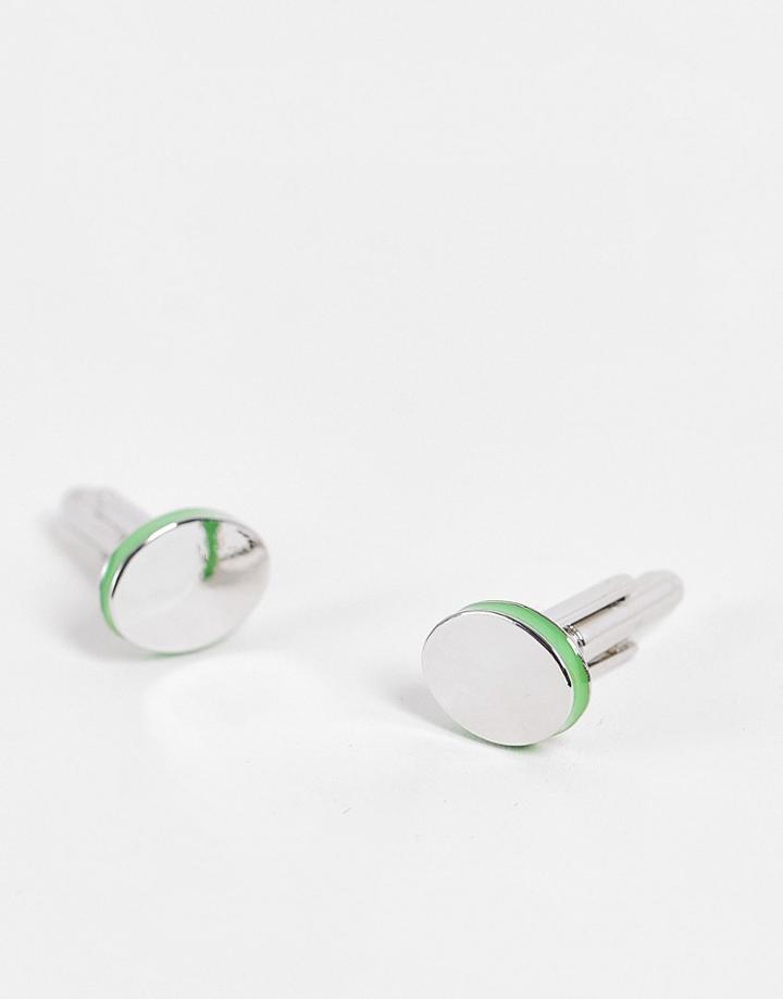 Asos Design Oval Cufflinks With Green Enamel Edge In Silver Tone
