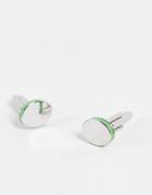 Asos Design Oval Cufflinks With Green Enamel Edge In Silver Tone