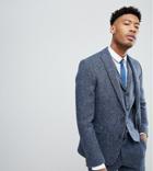 Asos Tall Slim Suit Jacket In 100% Wool Harris Tweed In Blue Mini Check - Blue
