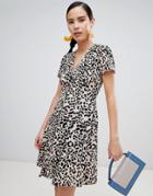 New Look Leopard Print Button Through Tea Dress - Brown