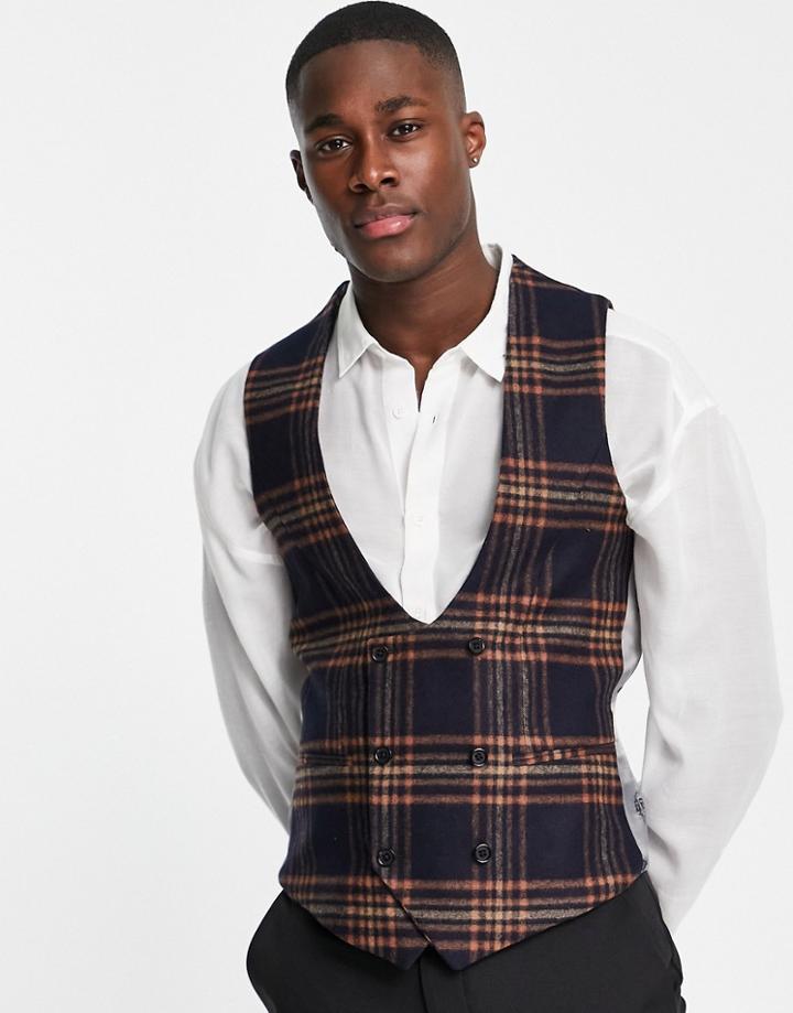 Twisted Tailor Vest In Navy With Brown Check