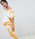 True Violet Maternity Bardot Puff Sleeve Midi Dress - Multi