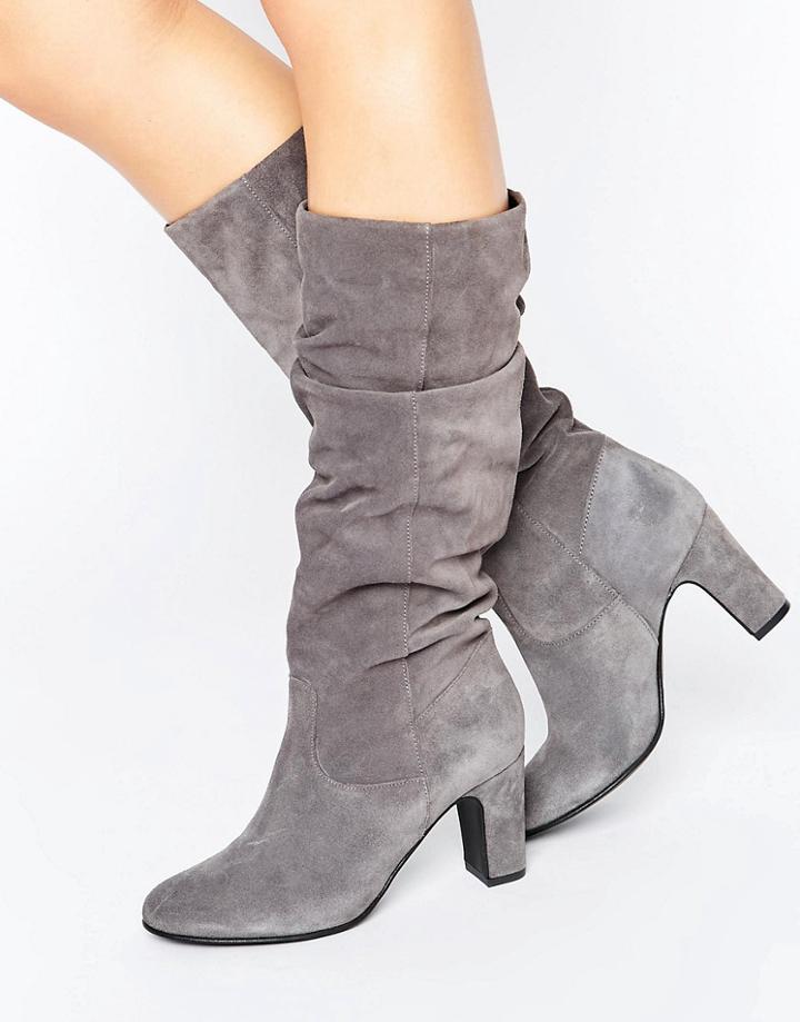 Oasis Suede Gathered Knee Heeled Boot - Gray