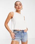 Asos Design Scallop Edge Linen Top With Slit Back Detail In Ivory-white