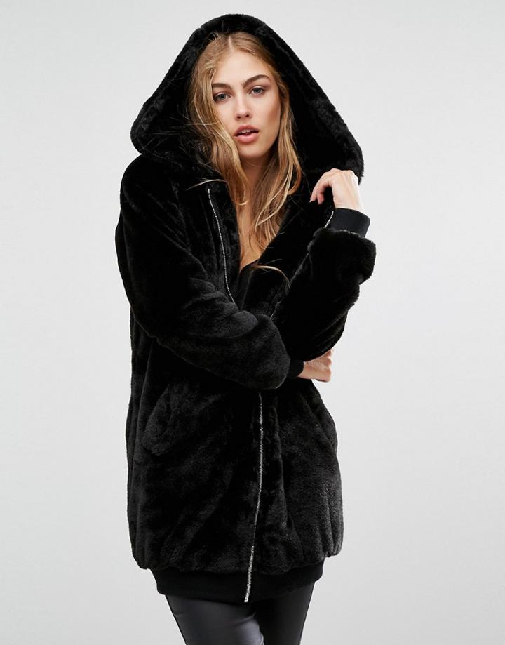Missguided Hooded Longline Faux Fur Bomber - Black