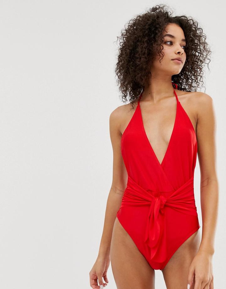 Unique21 Deep Plunge Halterneck Belted Swimsuit - Red