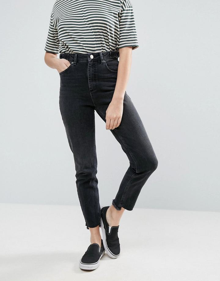 Asos Farleigh High Waist Slim Mom Jeans In Black Breede Wash With Side Tabs And Stepped Hem - Black