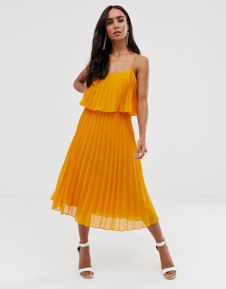 Asos Design Pleated Crop Top Midi Dress With Scoop Neck-yellow