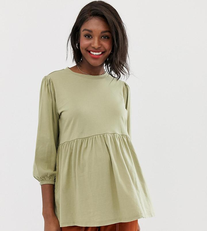 Asos Design Maternity Smock Top In Wash With Blouson Sleeve Detail - Brown