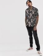 Another Influence Striped Floral Revere Collar Boxy Short Sleeve Shirt - Black