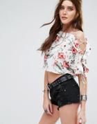Missguided Tropical Floral Lace Up Sleeve Top - Multi