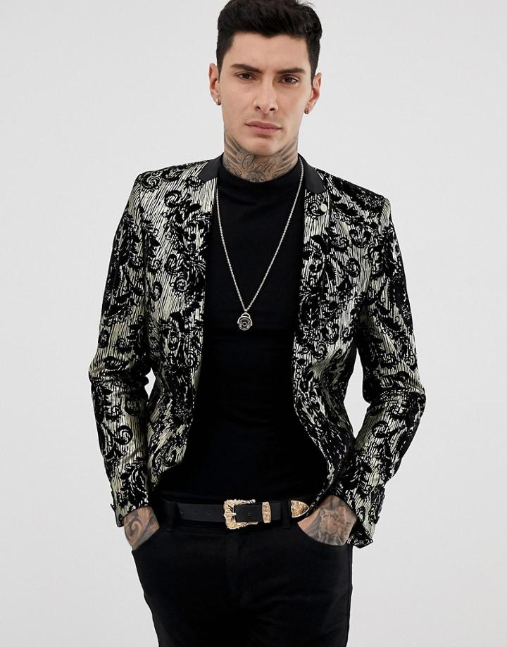 Twisted Tailor Super Skinny Blazer In Metallic Jacquard-black
