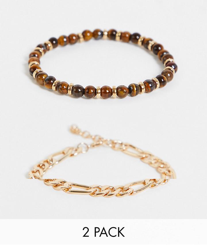 Asos Design 2 Pack Bracelet Set With Tigers Eye Beads And Gold Tone Figaro Chain-brown