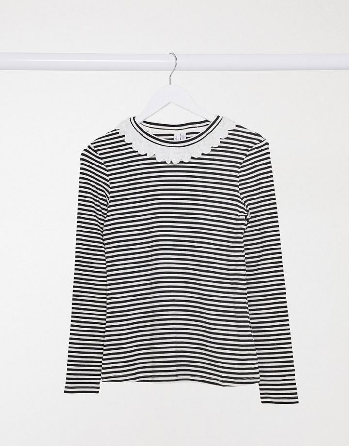 & Other Stories Stripe Jersey Top With Frill Collar In Navy And White-multi
