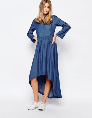 Rollas Denim Dress With Dipped Hem - Blue