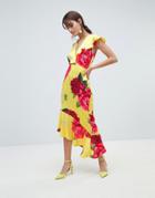 Asos Design Plunge And Cut Out Midi Dress In Bright Floral Print - Multi