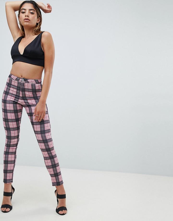 Asos Design Rivington High Waist Denim Jeggings In Pink Check Print - Multi