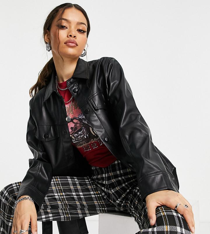 Topshop Petite Long Sleeve Belted Faux Leather Shirt In Black