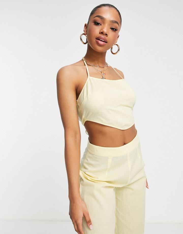 Miss Selfridge Linen Blend Halter Crop Top In Lemon - Part Of A Set-yellow