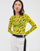 Asos Design Long Sleeve Mesh Top With Graphic Print In Green - Green