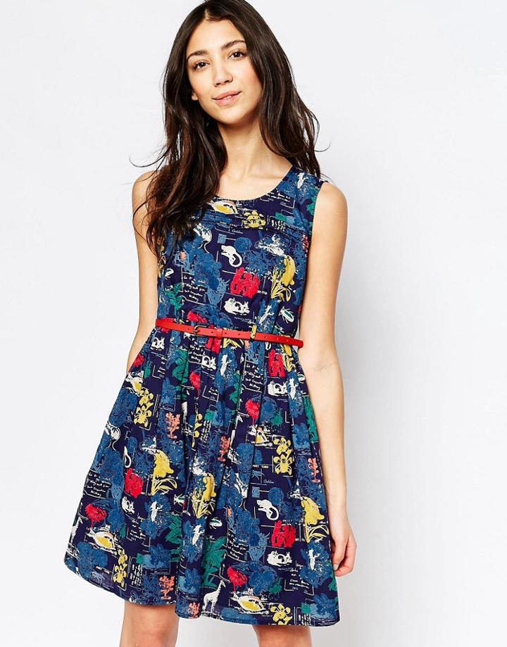Yumi Floral Skater Dress With Waist Belt - Navy
