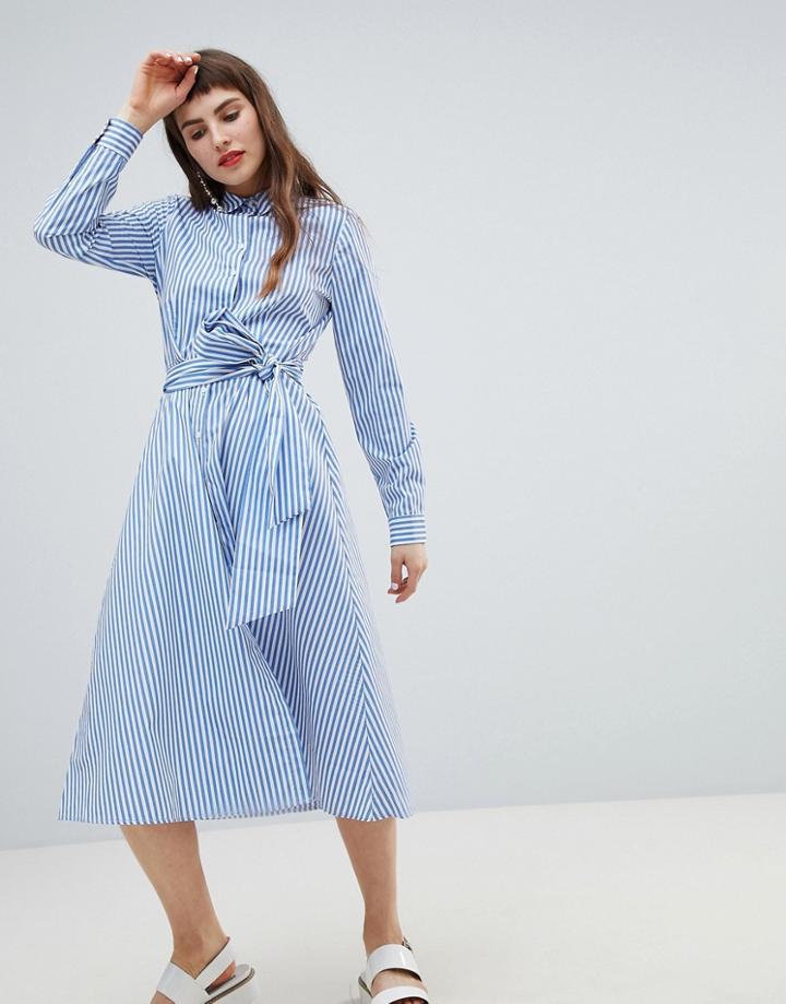Stradivarius Stripe Cuff Button Front Shirt Dress - White