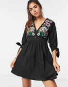 Asos Design Embroidered Cotton Batwing Tie Sleeve Mini Smock Dress In Black