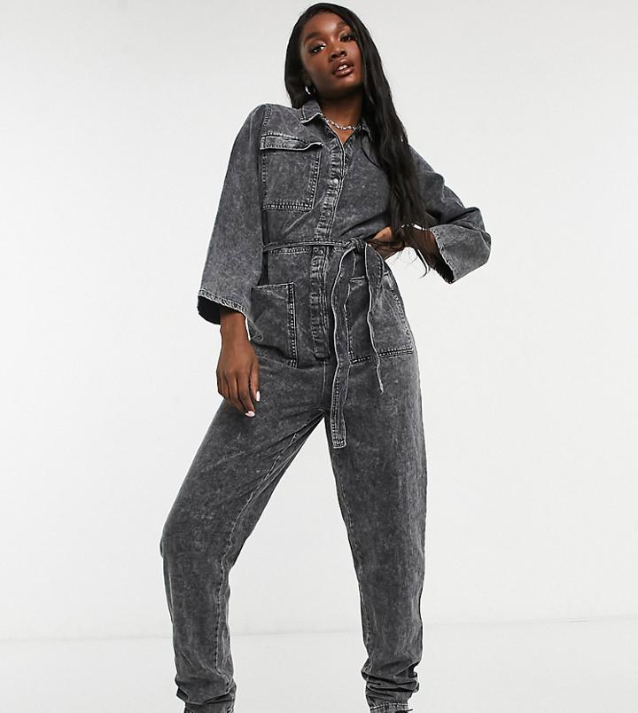 Noisy May Tall Denim Jumpsuit In Black Acid Wash