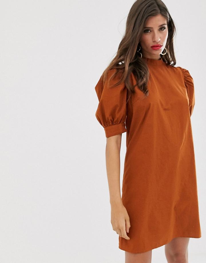 Vila High Neck Balloon Sleeve Mini Dress-brown