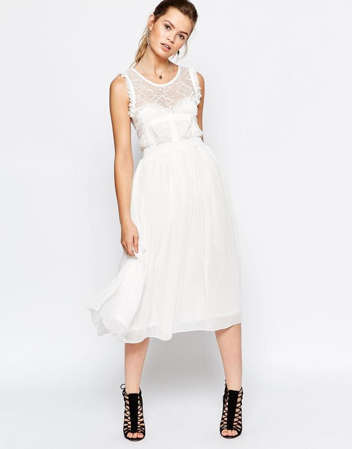 Navy London Midi Dress With Tulle Skirt - White