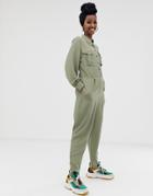 Asos Design Long Sleeve Military Shirt Jumpsuit - Green