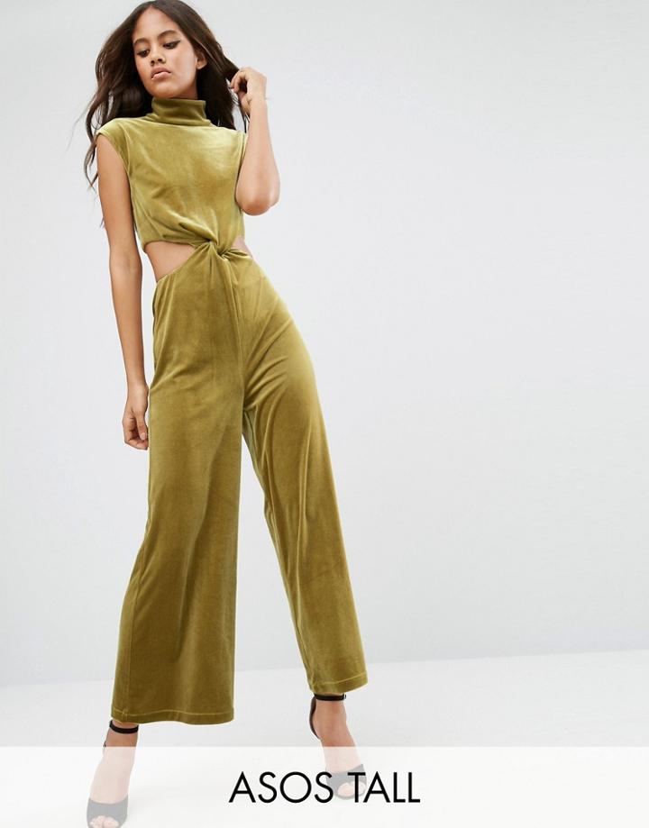 Asos Tall Jumpsuit With Cut Out Detail In Velvet - Yellow