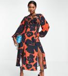Asos Design Curve Midaxi Dress With Shiring And Tie Neck In 70s Floral Print-multi