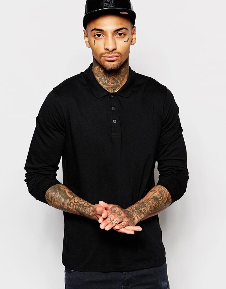 Asos Long Sleeve Jersey Polo In Black - Black