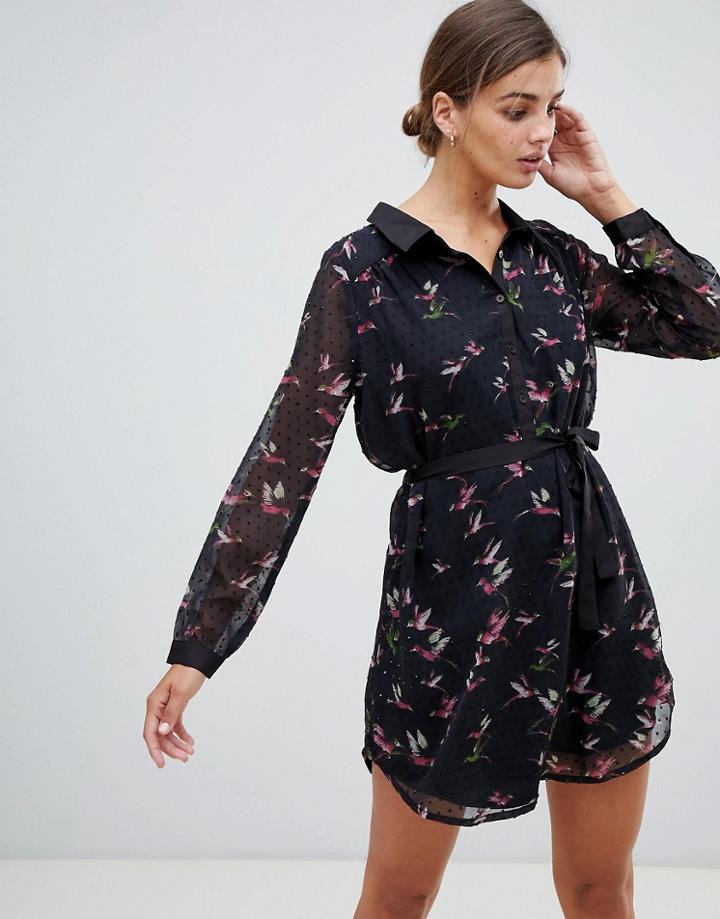 Yumi Shirt Dress In Dobby Bird Print - Black