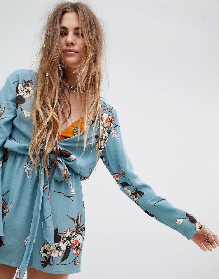 En Creme Tie Waist Romper In Romantic Floral - Green