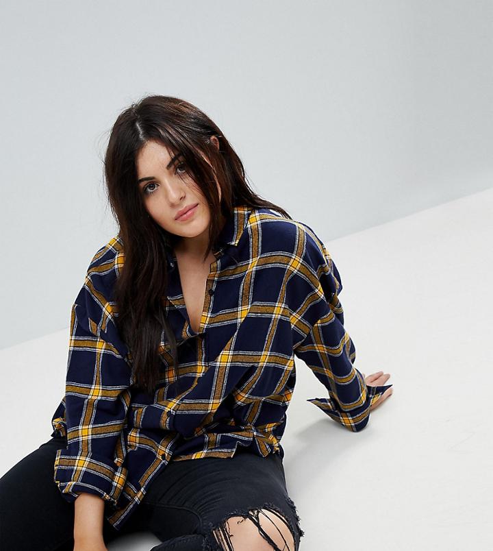Asos Curve Oversized Shirt In Navy / Yellow Check - Multi