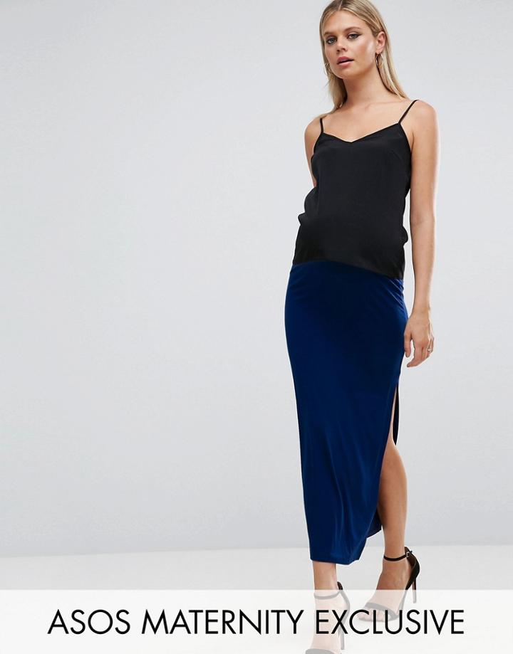 Asos Maternity Over The Bump Maxi Skirt With Split - Navy