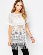 Ax Paris Sheer Lace Top With Tassels - Cream