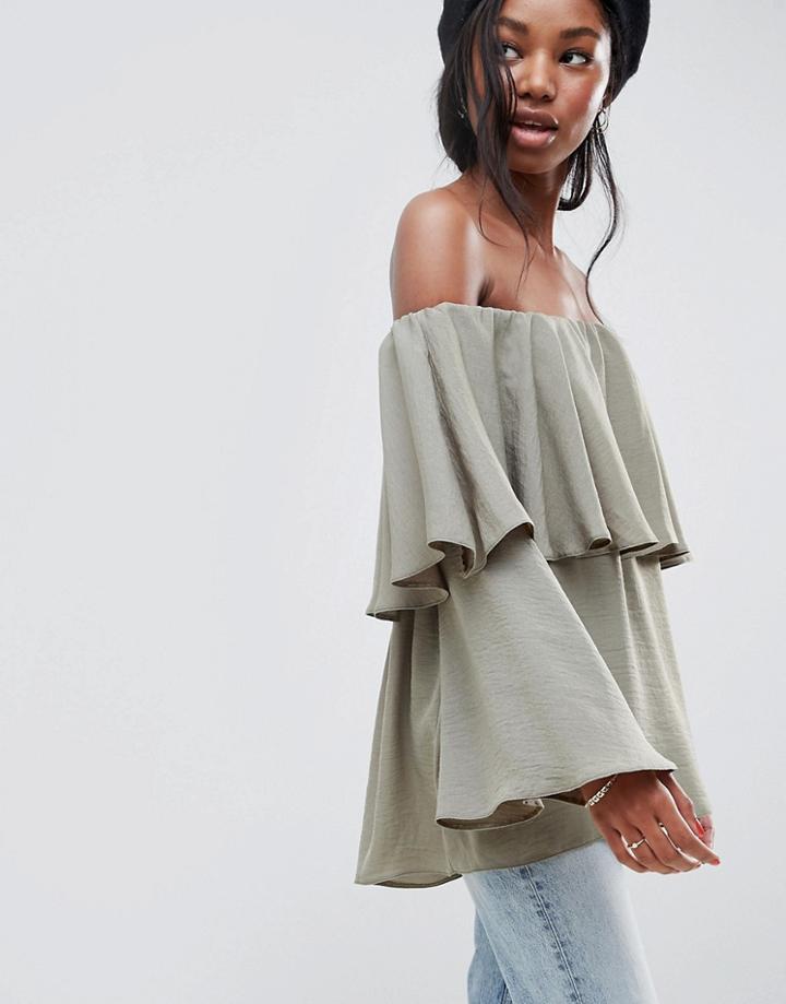 Asos Design Tiered Top With Off Shoulder Detail - Green