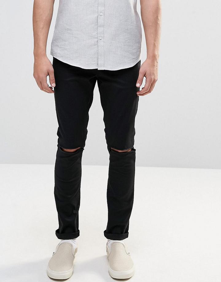 Asos Super Skinny Cotton Trousers In Black With Knee Rips - Black