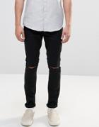 Asos Super Skinny Cotton Trousers In Black With Knee Rips - Black